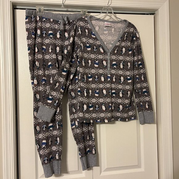 Womens HANNA ANDERSSON Sz L Gray Penguin Christmas Pajama Set - Picture 1 of 9